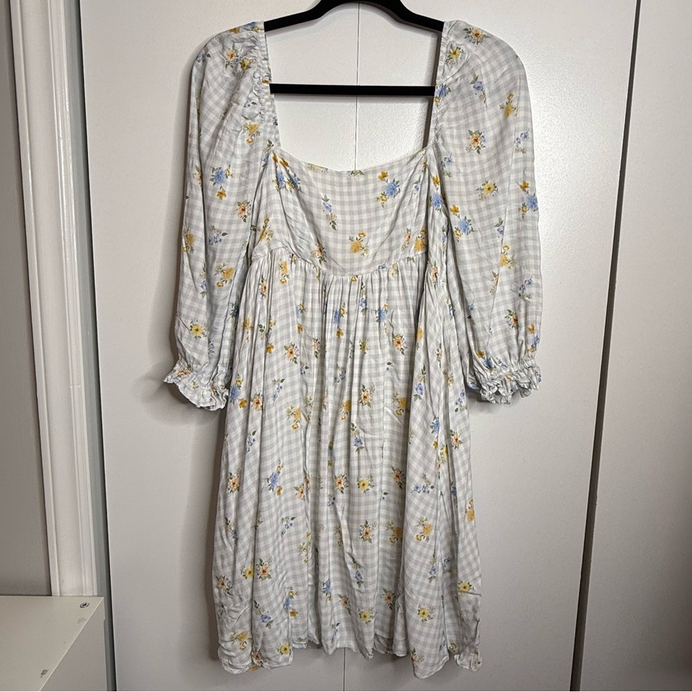 Sweet En Forme Multi Color Flowers Blue Gingham Babydoll Mini Dress Size medium - Picture 2 of 10